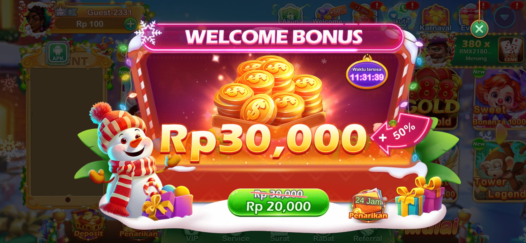 Bonus pendaftaran Rp30,000 dengan tambahan +50% di IW777 APK terbaru.