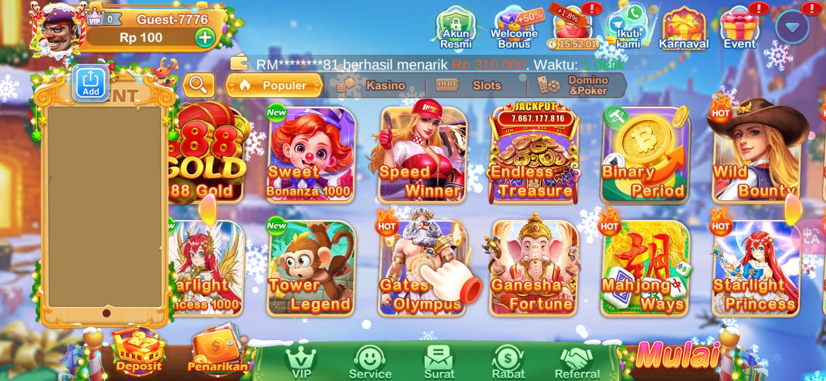 Permainan slot populer seperti Gates of Olympus dan Sweet Bonanza di IW777 APK.